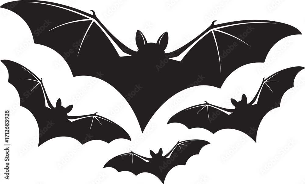 Fototapeta premium Group of Black Bat Silhouettes Flying Isolated on White Background , Spooky bat silhouettes flying, Halloween Design