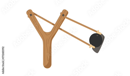 Classic wooden slingshot with black projectile ready for action playful outdoor toy isolated on white background