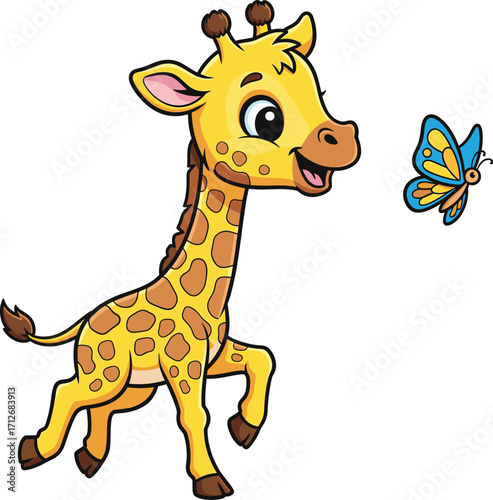 Playful Baby Giraffe with Butterfly