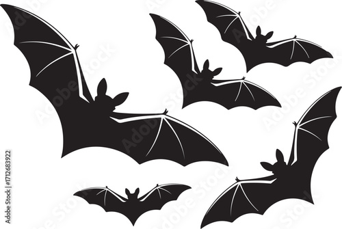 Silhouette of Flying Bats Isolated on White Background Halloween Concept,  Halloween designs and eerie event promotions,