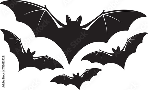 Group of Black Bat Silhouettes Flying Isolated on White Background , Spooky bat silhouettes flying, Halloween Design