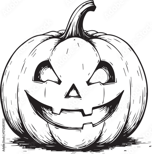 Jack-o'-Lantern's Grin: A detailed monochrome illustration of a classic Jack-o'-Lantern, carved with a menacing grin, embodying the spirit of Halloween. 