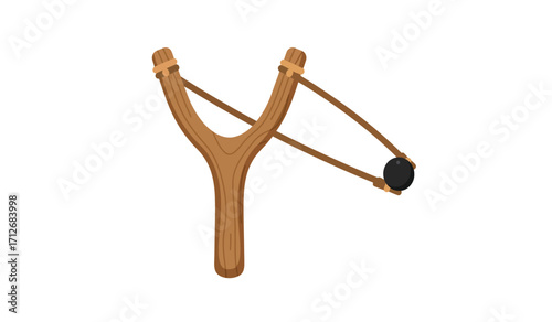 Classic wooden slingshot with black projectile isolated on white ready for action outdoor fun toy or tool isolated on white background