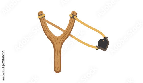 Wooden slingshot toy with rubber bands and leather pouch ready for action outdoor fun and recreation isolated on white background