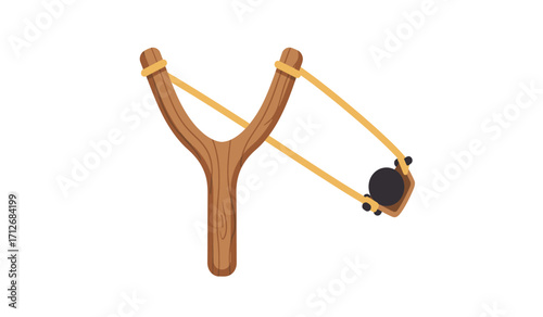 Classic wooden slingshot with elastic bands and projectile ready for action isolated on a clean white surface isolated on white background