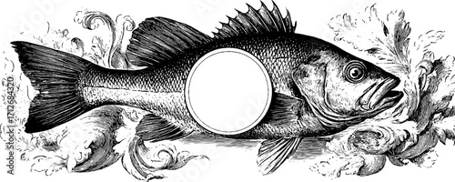 Vintage fish frame illustration with ornate banner design