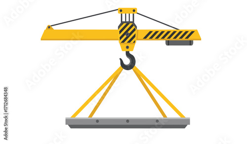 Industrial overhead crane hook lifting heavy load with yellow straps and trolley system for construction and manufacturing. isolated on white background