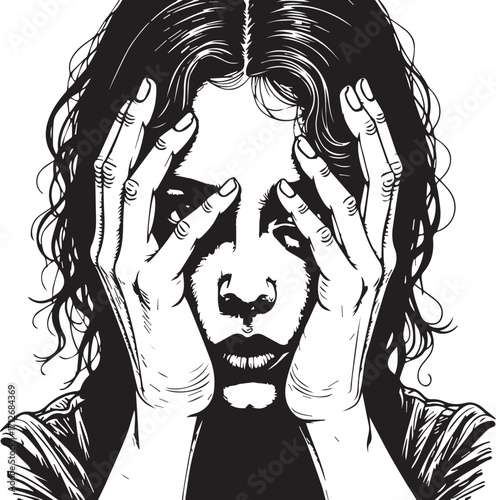 Emotional Enigma: A stark black and white image features a person's face, with hands covering the face, creating a powerful visual representation of introspective emotions and inner turmoil. 