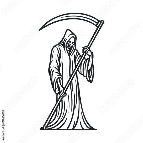 Dark figure of Grim Reaper holding a scythe as a symbol of death. Vector line illustration