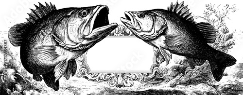 Vintage engraved fish frame banner with water elements for retro design
