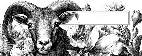 Vintage alpine goat with floral frame for retro design and decoration