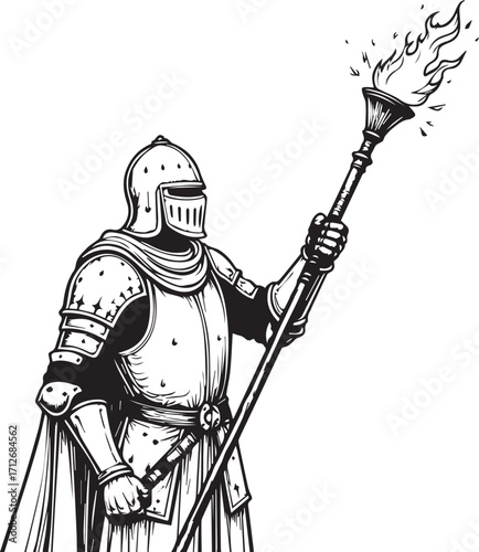 Medieval Knight with Torch: An awe-inspiring illustration of a medieval knight, clad in shining armor, confidently holding aloft a flaming torch, its light casting an evocative glow.