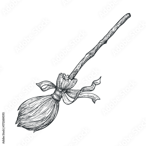 Broom with a tied ribbon for festive uses and decorations. Vector hand drawn illustration