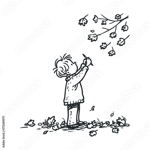 Children enjoying autumn in a park while observing falling leaves. Vector hand drawn illustration