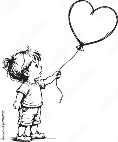 Child's Heart Balloon: A hand-drawn illustration shows a young child holding a heart-shaped balloon, evoking feelings of innocence and love.