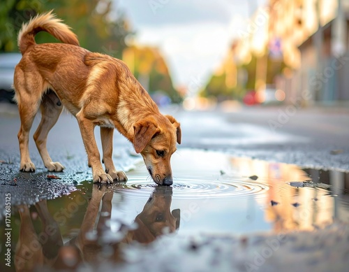 Thirsty Dog Drinks from Puddle on Street with Building Reflection