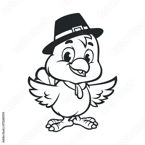 Cheerful cartoon bird character celebrating Thanksgiving festival. Vector line illustration