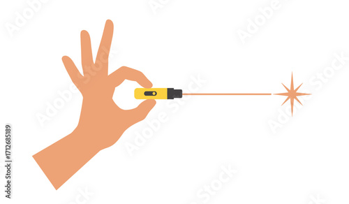 Hand holding dart with laser aiming for target with red beam emitting light rays of precision and accuracy isolated on white background