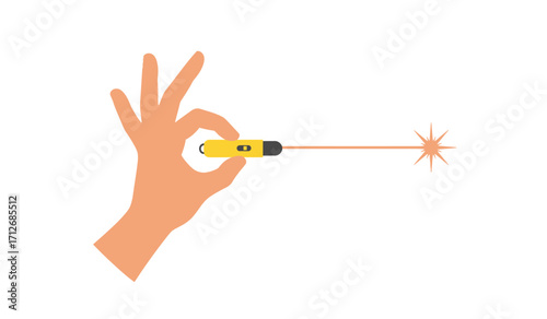 Precision targeting hand holding laser pointer aiming at red splatter symbolizing accuracy and impact concept isolated on white background