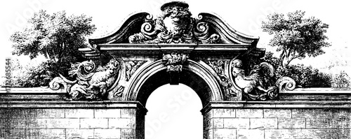 Medieval arched banner with vintage frame engraving for retro design