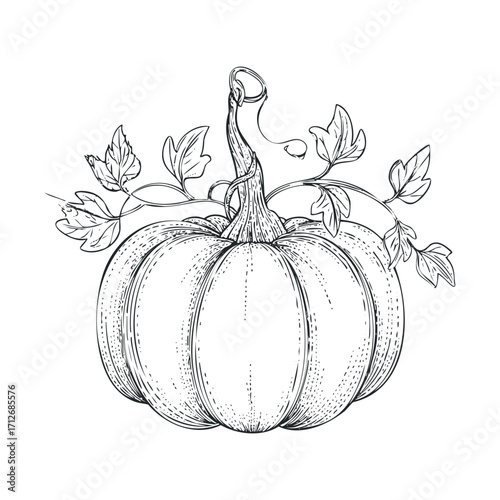 Pumpkin with vines showcasing fall harvest essence and design use. Vector hand drawn illustration