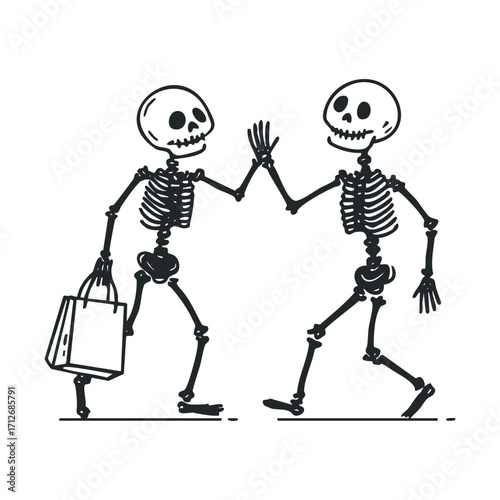 Fun skeletons greeting each other in playful Halloween spirit. Vector line illustration