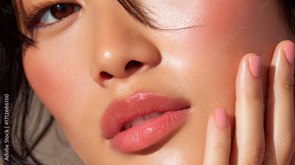 Naklejka premium Extreme close-up of Asian woman's face, showcasing radiant skin and beauty with cosmetic highlights