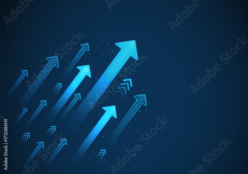 Low poly wireframe arrow-up growth illustration, futuristic glowing blue arrows pointing upward on a dark background. concept of growth, development, progress, success, and forward.