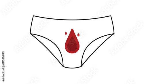 Woman's underwear with menstrual blood stain symbolizing period blood leakage and menstruation health awareness isolated on white background