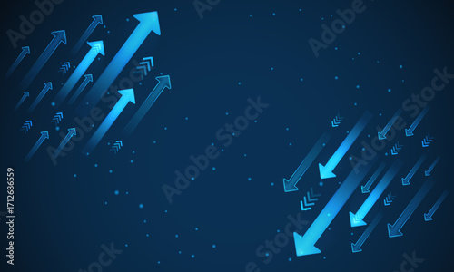 Low poly wireframe up and down arrows. on the left point upward, growth and progress, while arrows on the right point downward, representing decline or challenges, creating a dynamic contrast.
