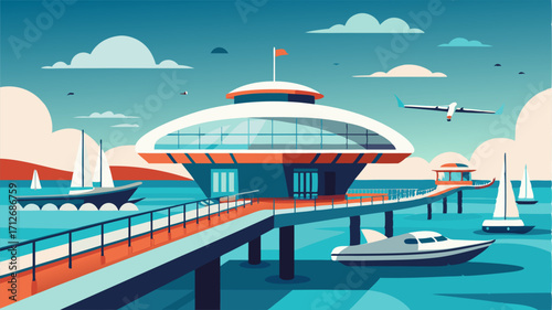 A futuristic pier with sleek modern architecture where visitors can hop on water taxis or dine at stylish restaurants.