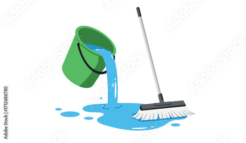 Green bucket spilling bright blue liquid onto a mop head for effective cleaning and spill management concept isolated on white background