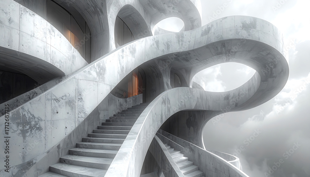 Obraz premium Futuristic concrete staircase with flowing organic architecture and ethereal lighting.