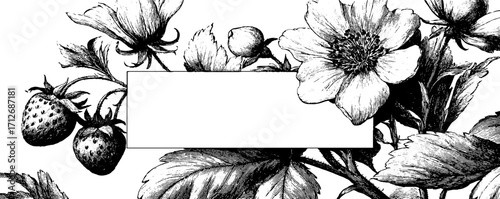 Vintage strawberry and floral frame design for banners or labels