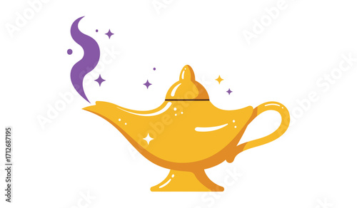 Golden genie lamp with purple smoke and sparkles mystical magical object symbolizing wishes and dreams isolated on white background