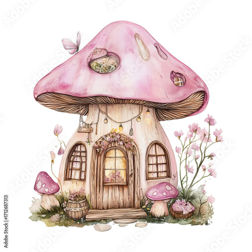 Wallpaper Mural Whimsical Pink Mushroom Home with Butterfly and Flowers Torontodigital.ca