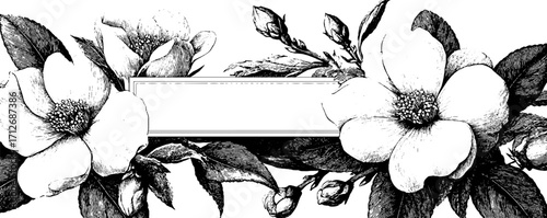 Vintage tea leaves banner with floral frame design for print and decoration