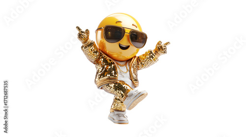 Emoticon dances in gold disco outfit sunglasses happiness party