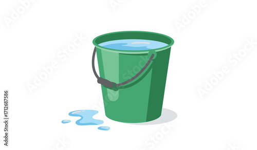 Green bucket full of clear water with a few drops spilled on a white surface versatile for various design applications. isolated on white background