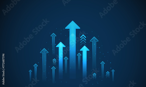 Low poly wireframe arrow-up growth illustration, futuristic glowing blue arrows pointing upward on a dark background. concept of growth, development, progress, success, and forward.