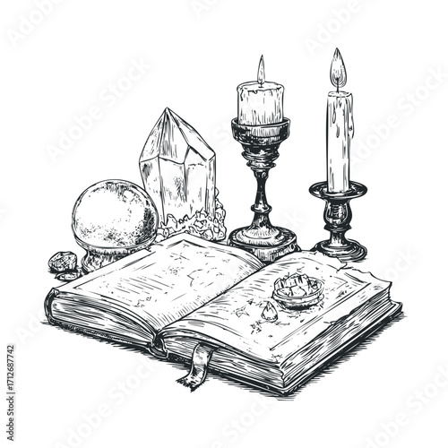 Magical altar setup with candles, crystals, and an open book. Vector hand drawn illustration