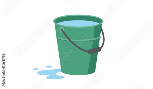 Full green bucket overflowing with clear water splashing outward onto a surface clean and refreshing isolated on white background