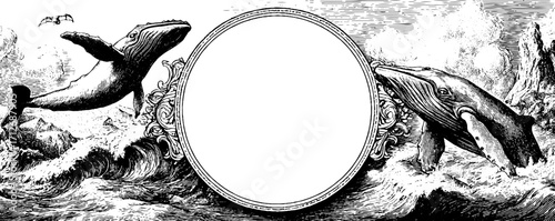 Vintage whale-themed banner with ornate frame for retro nautical design