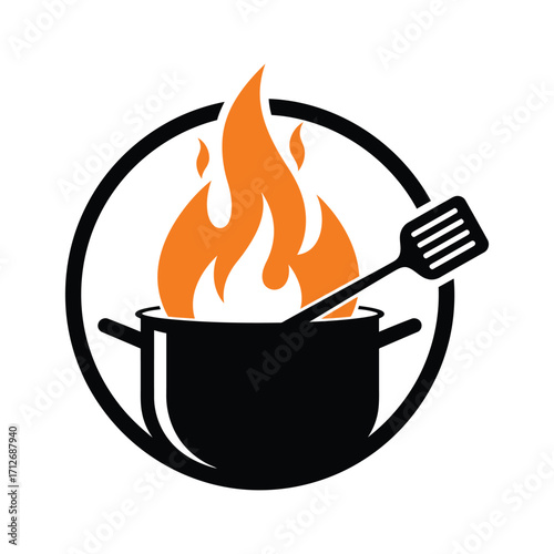 Hot pot cooking food flames spatula black circle simple icon graphic design