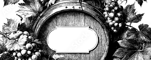 Vintage wine barrel frame with grapes and leaves - design for label or banner