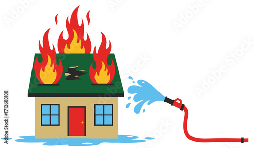 Home fire emergency rescued by firefighter hose spraying water extinguishing burning house structure safety and prevention isolated on white background