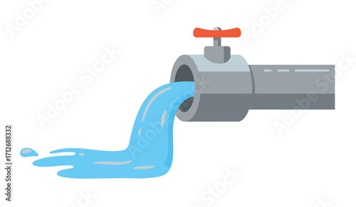 Water flowing from industrial pipe fitting with red valve fixture symbolizing plumbing hydration supply and utility services isolated on white background
