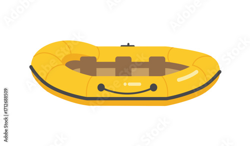 Yellow inflatable raft with seats for white water rafting outdoor adventure activity recreation isolated on white background