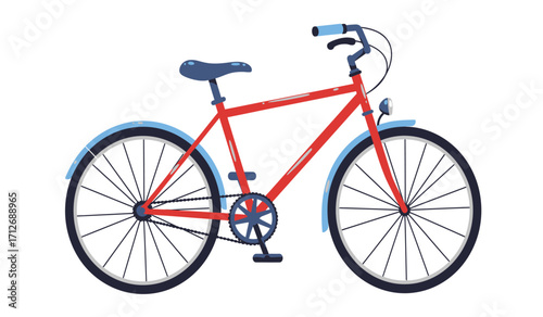Red bicycle transportation object with wheels frame and handlebars for cycling and recreation activity isolated on white background