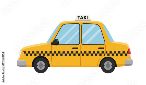Bright yellow classic taxi cab with checkerboard stripe and taxi sign ideal for city transport and urban services isolated on white background